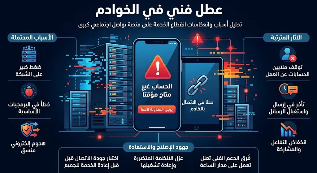 تصميم فني يوضح رسالة خطأ تقني تظهر على شاشة جهاز محاط بخوادم رقمية تعاني من خلل، مع نصوص عربية توضح تعذر الوصول المؤقت للحسابات.