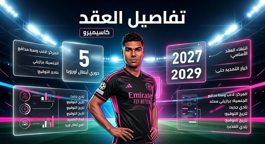 إنفوجرافيك رياضي يستعرض تفاصيل عقد اللاعب البرازيلي كاسيميرو مع نادي إنتر ميامي، موضحاً مدة العقد حتى 2027 مع خيار التمديد لـ 2029، وتاريخه بخمسة ألقاب في دوري أبطال أوروبا، بتصميم عصري باللونين الوردي والأسود.