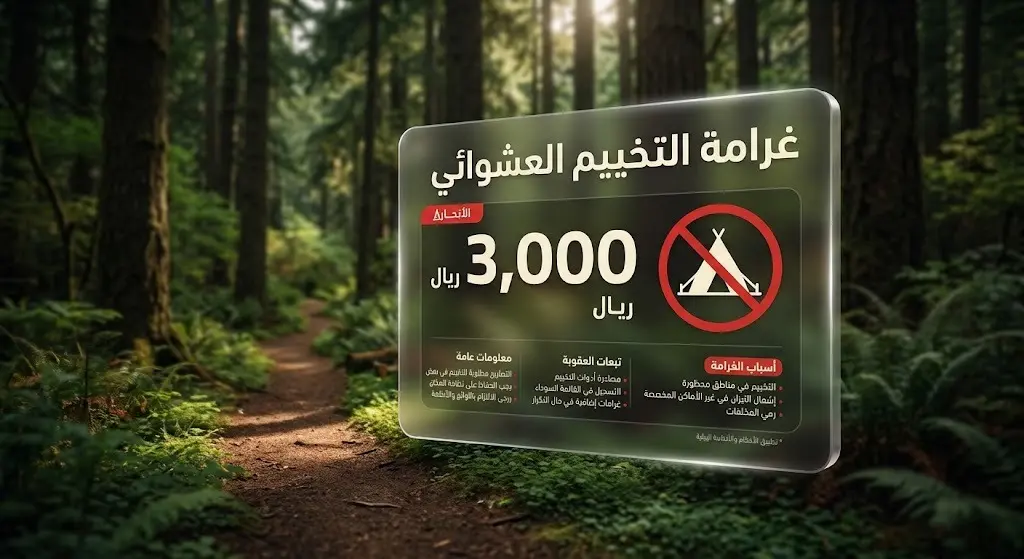 إنفوجرافيك يوضح عقوبة التخييم العشوائي دون ترخيص بغرامة مالية تصل إلى 3000 ريال سعودي.