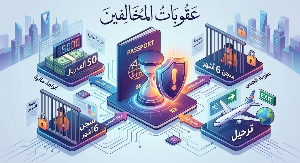 إنفوجرافيك يوضح عقوبات التأخر عن مغادرة السعودية بعد انتهاء التأشيرة والتي تشمل غرامة 50 ألف ريال، السجن لستة أشهر، والترحيل.