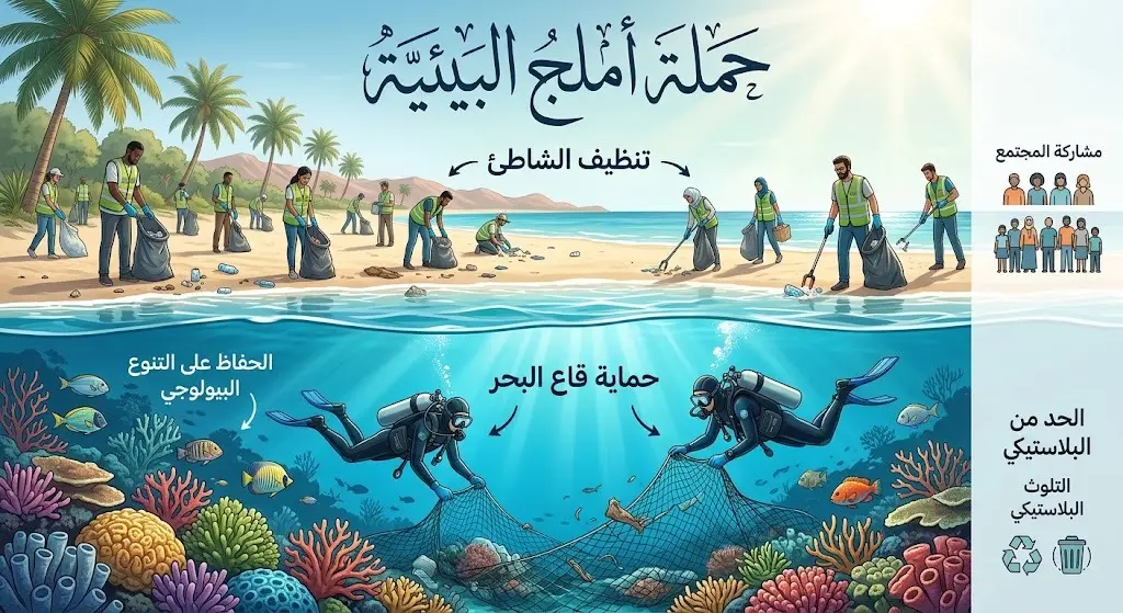 تصميم فني يدمج بين إنفوجرافيك ومشهد واقعي لجهود حرس الحدود والمتطوعين في تنظيف شاطئ الدقم وقاع البحر بمحافظة أملج.
