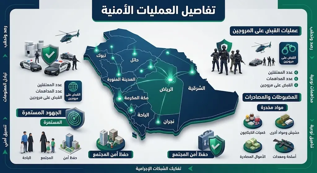 إنفوجرافيك أمني يوضح تفاصيل الإطاحة بمروجي المخدرات في منطقتي حائل والباحة، مع إبراز الجهود الأمنية.