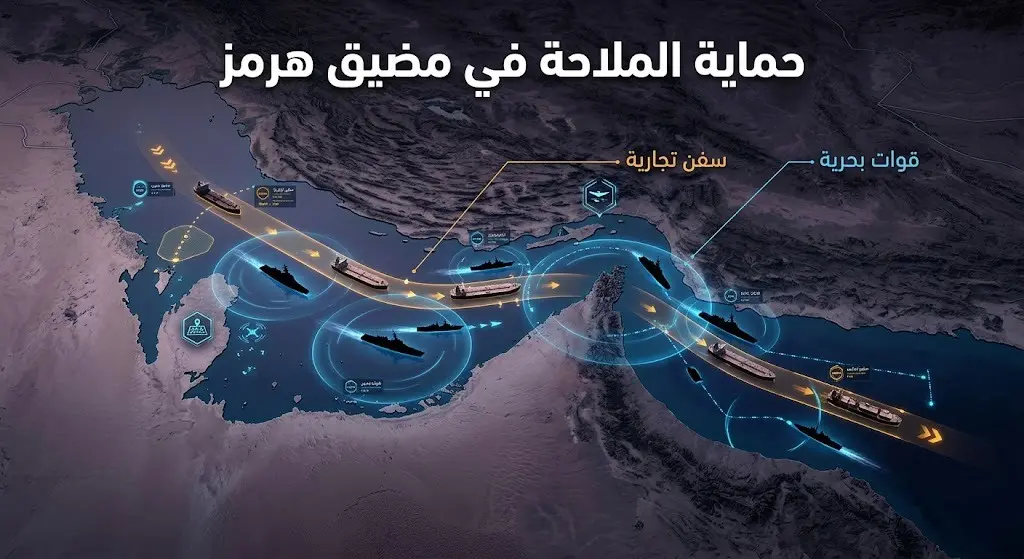 رسم تعبيري تكتيكي يظهر حماية الملاحة البحرية والسفن التجارية في مضيق هرمز
