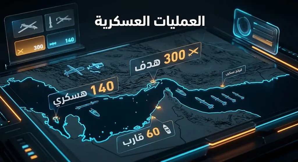 إنفوجرافيك يستعرض تفاصيل وأرقام العمليات العسكرية الأمريكية ضد الأهداف الإيرانية في مضيق هرمز ومحيطه.