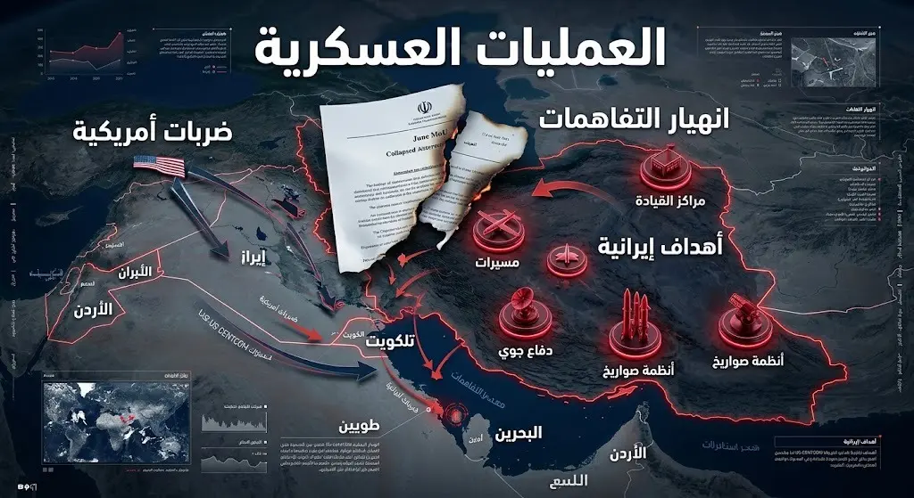 إنفوجرافيك إخباري يوضح تفاصيل الأهداف العسكرية للضربات الأمريكية في إيران وتوسع دائرة الاستهداف الإيراني لدول المنطقة بالتزامن مع انهيار مذكرة التفاهم.