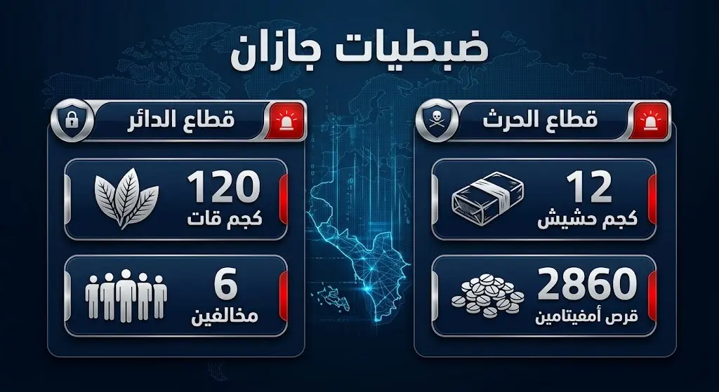 إنفوجرافيك يوضح إحصائيات وأرقام الضبطيات الأمنية للمخدرات في قطاعي الدائر والحرث بمنطقة جازان.