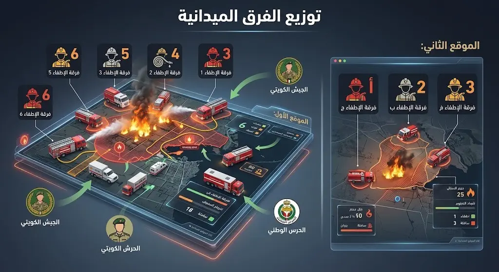 إنفوجرافيك يوضح التوزيع الميداني لفرق الإطفاء وقوات الجيش والحرس الوطني الكويتي في موقعي الحريق.