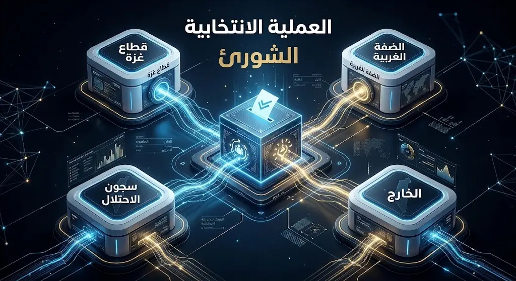 إنفوجرافيك يوضح الساحات الأربع المشاركة في مسار العملية الانتخابية الداخلية لحركة حماس: غزة، الضفة، الخارج، والسجون.