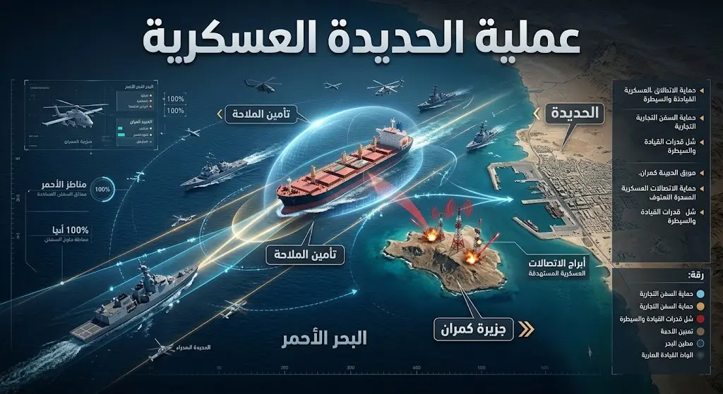 إنفوجرافيك يوضح تفاصيل العملية العسكرية للتحالف في الحديدة لحماية الملاحة البحرية ومواقع الاستهداف.