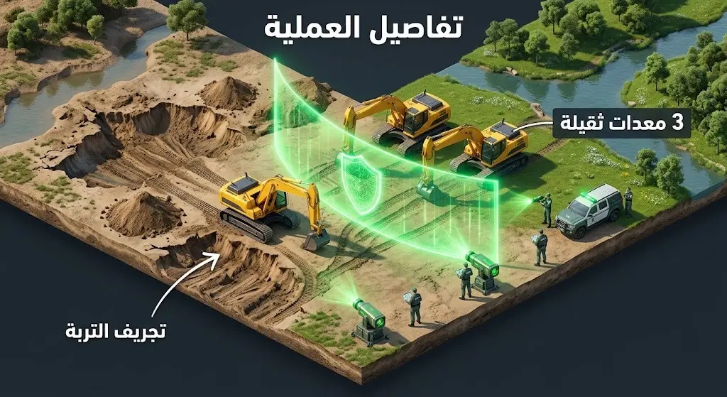 إنفوجرافيك يوضح مصادرة المعدات الثقيلة وإيقاف عمليات تجريف التربة غير النظامية.