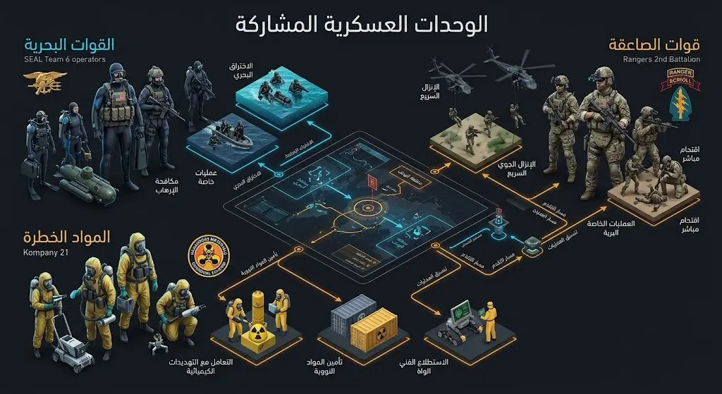 إنفوجرافيك يوضح تشكيل ووحدات القوات الأمريكية الخاصة المشاركة في العملية العسكرية المحتملة ومهامها المتخصصة.