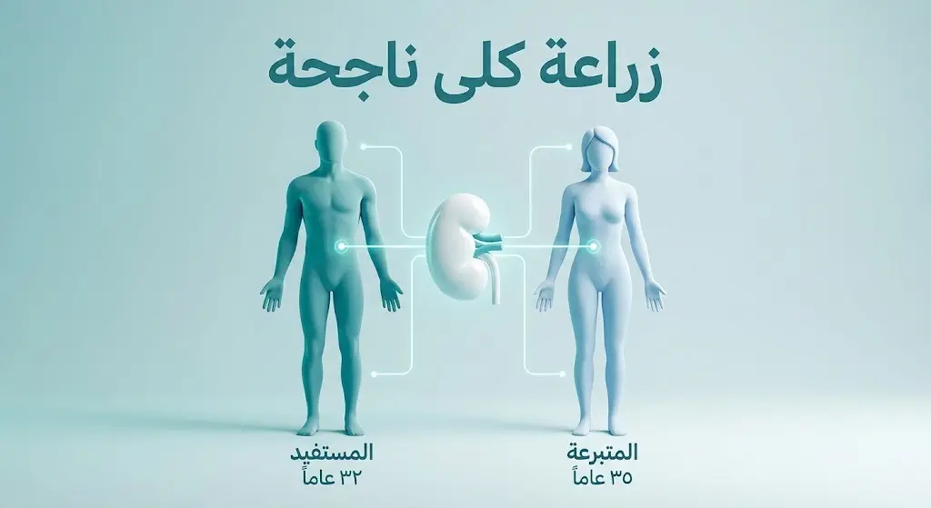 إنفوجرافيك طبي يوضح تفاصيل أول عملية زراعة كلى في مستشفى قوى الأمن للمستفيد البالغ 32 عاماً وتوافق شقيقته المتبرعة البالغة 35 عاماً.