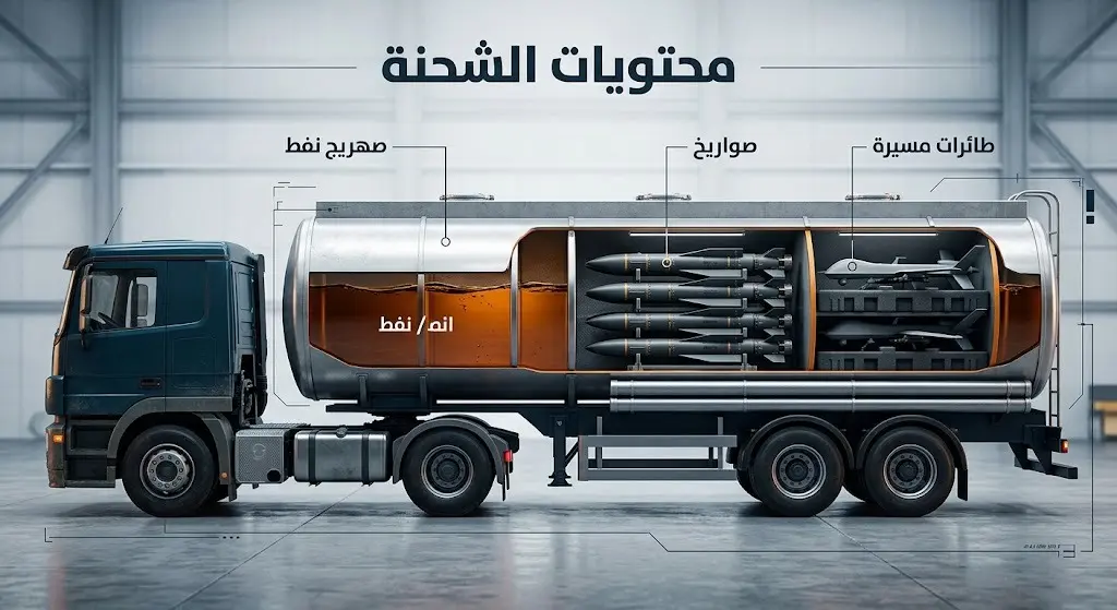 إنفوجرافيك ثلاثي الأبعاد يوضح المقطع العرضي لصهريج النفط المهرب والأسلحة المخبأة بداخله.