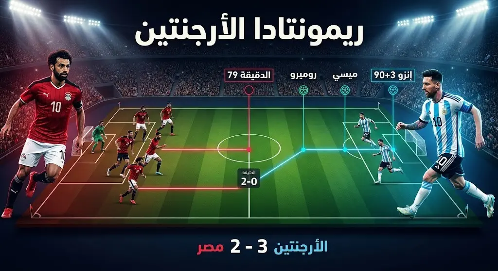 إنفوجرافيك يوضح التسلسل الزمني لعودة الأرجنتين التاريخية لتفوز على مصر 3-2 بعد تأخرها بهدفين حتى الدقيقة 79