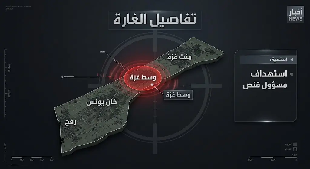 إنفوجرافيك إخباري يوضح تفاصيل الغارة الجوية الإسرائيلية على وسط قطاع غزة والتي استهدفت مسؤولاً بوحدة القنص.