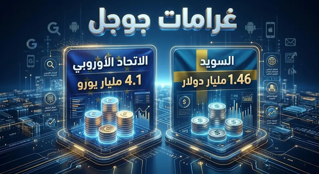تصميم إنفوجرافيك يوضح مقارنة بين الغرامات المالية الضخمة المفروضة على جوجل من قبل محكمة العدل الأوروبية والمحاكم السويدية.