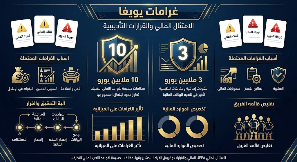 إنفوجرافيك يوضح تفاصيل الغرامات المالية المفروضة على نادي نيوكاسل من قبل اليويفا بقيمة 10 و3 ملايين يورو بسبب مخالفات مالية.