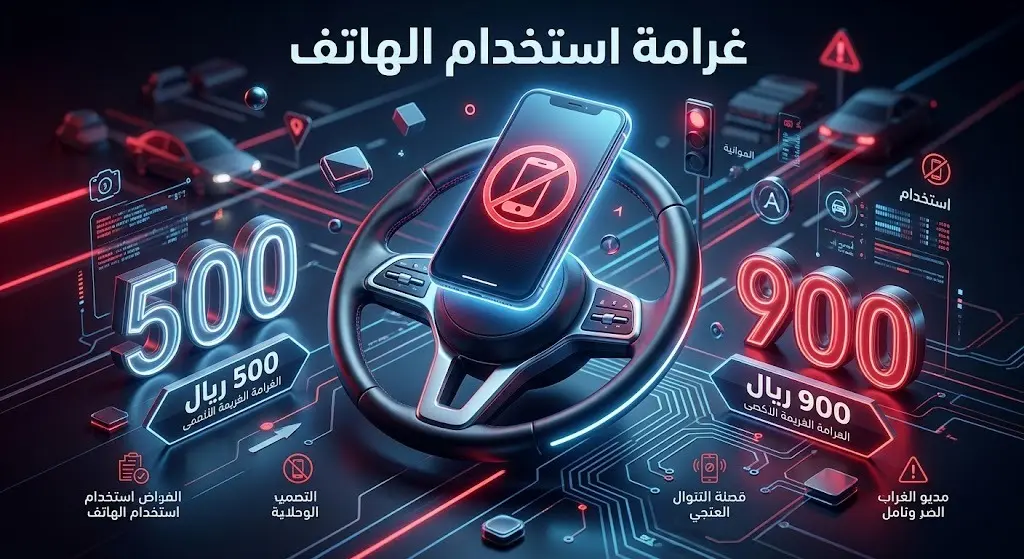 إنفوجرافيك يوضح تفاصيل الغرامة المالية لمخالفة استخدام الهاتف المحمول أثناء القيادة والتي تتراوح بين 500 و900 ريال.