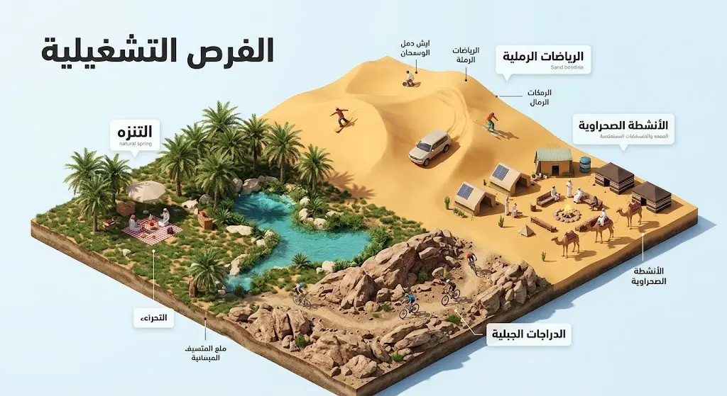 إنفوجرافيك يوضح الفرص الاستثمارية الخمس في محمية الإمام عبدالعزيز بن محمد الملكية والتي تشمل التنزه، الرياضات الرملية، الأنشطة الصحراوية، والدراجات الجبلية.