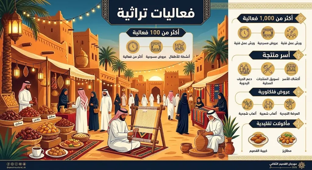 تصميم إنفوجرافيك إبداعي يستعرض تفاصيل الفعاليات التراثية، يجمع بين مشاهد الحرف التقليدية والمأكولات الشعبية مع إبراز رقم 100 فعالية.