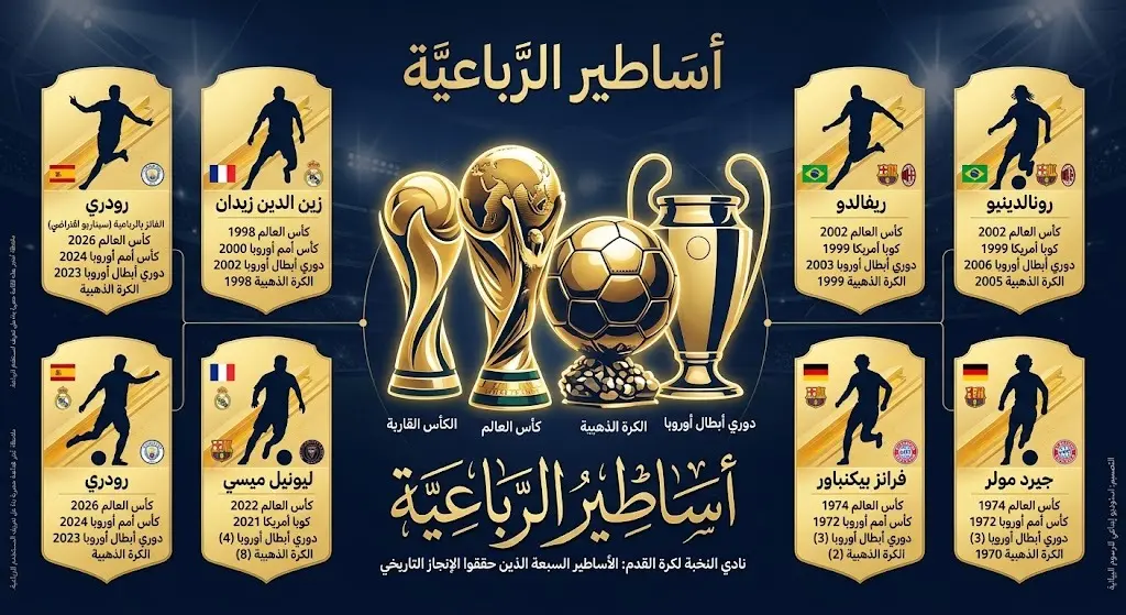 إنفوجرافيك يستعرض قائمة اللاعبين السبعة التاريخيين الذين حققوا الرباعية الكروية الكبرى متضمنة رودري وزيدان وميسي.