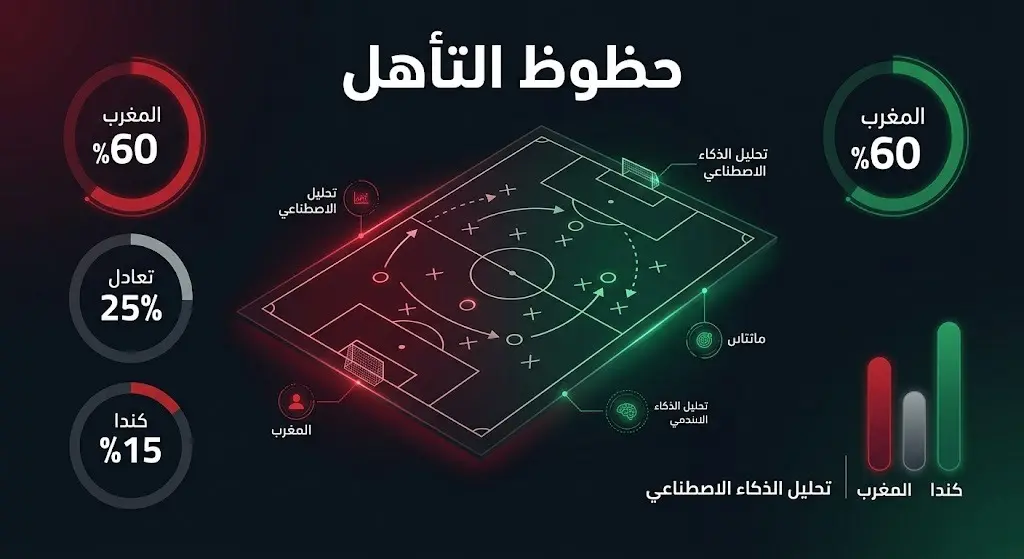 إنفوجرافيك يوضح توقعات الذكاء الاصطناعي لنسب فوز المغرب وكندا في دور الـ16 من كأس العالم 2026، حيث يبرز تفوق المغرب بنسبة 60%.