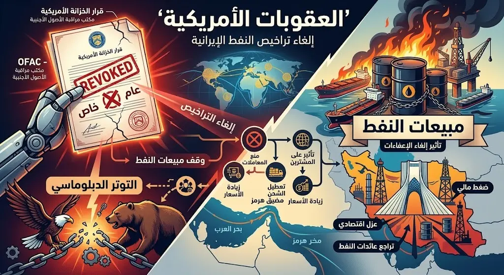 تصميم إنفوجرافيك يوضح قرار إلغاء التراخيص الأمريكية لمبيعات النفط الإيراني وعودة العقوبات في ظل التوتر الدبلوماسي المستمر.
