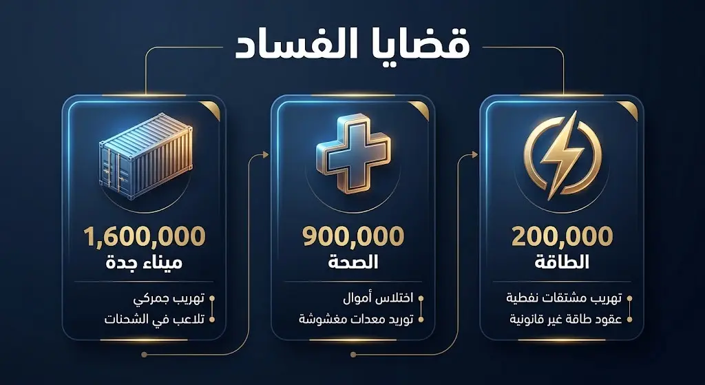 إنفوجرافيك يستعرض تفاصيل 3 قضايا جنائية باشرتها هيئة الرقابة ومكافحة الفساد تشمل قطاعات الموانئ والصحة والطاقة مع المبالغ المضبوطة.
