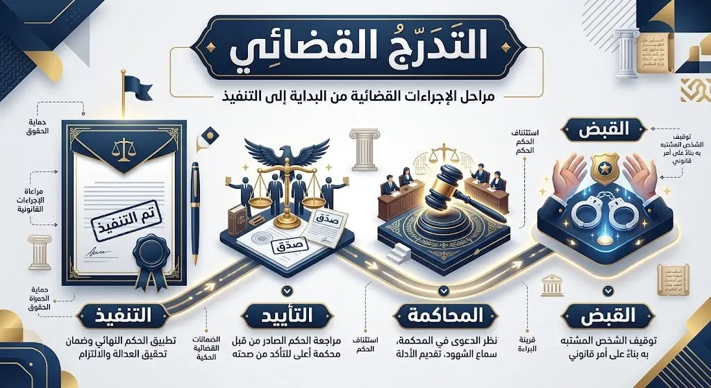 إنفوجرافيك يوضح مراحل التدرج القضائي في القضية بدءاً من القبض والتحقيق وصولاً إلى تأييد المحكمة العليا وتنفيذ الحكم.