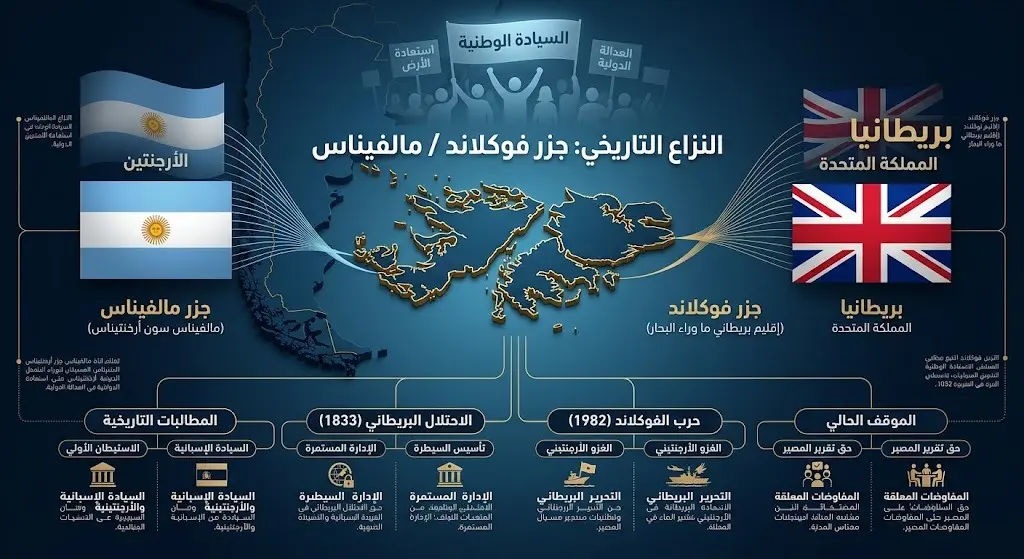 إنفوجرافيك يوضح موقع جزر فوكلاند جغرافياً وطرفي النزاع التاريخي بريطانيا والأرجنتين.