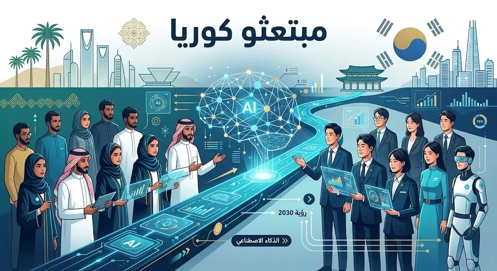صورة تعبيرية تدمج بين التكنولوجيا الحديثة ولقاء المبتعثين السعوديين في كوريا لتمكينهم في مجالات الذكاء الاصطناعي.