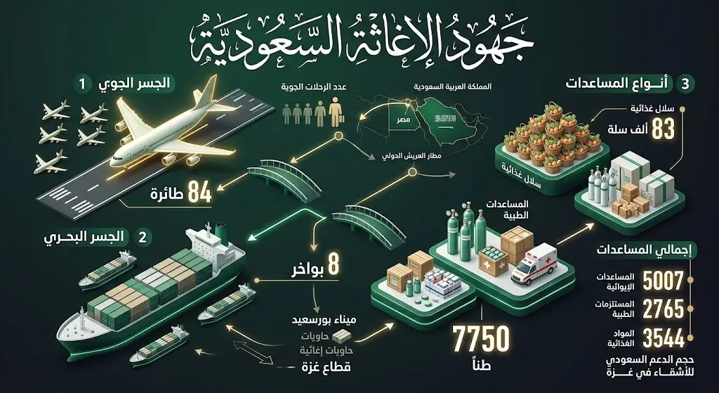 إنفوجرافيك يوضح إحصاءات وحجم المساعدات السعودية المقدمة لقطاع غزة، متضمناً أعداد الطائرات والبواخر والسلال الغذائية.