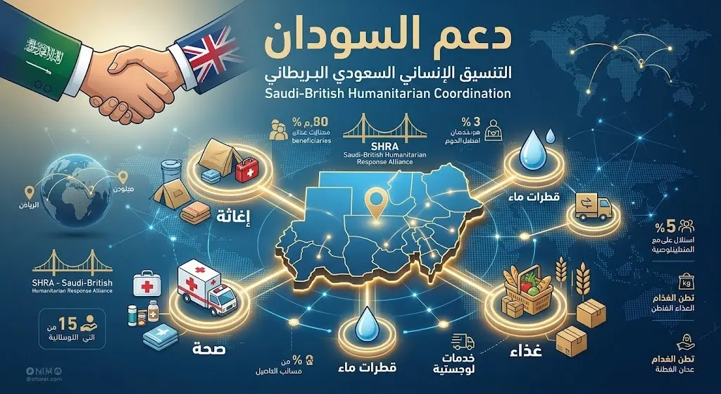 إنفوجرافيك يستعرض مجالات التنسيق السعودي البريطاني لتوصيل المساعدات الإنسانية إلى المتضررين في السودان.