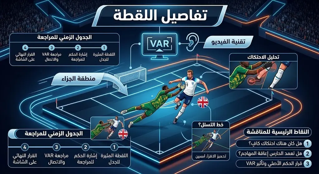 إنفوجرافيك يوضح تفاصيل التداخل بين المهاجم الإنجليزي هاري كين وحارس الكونغو الديمقراطية ومراجعة تقنية الفيديو