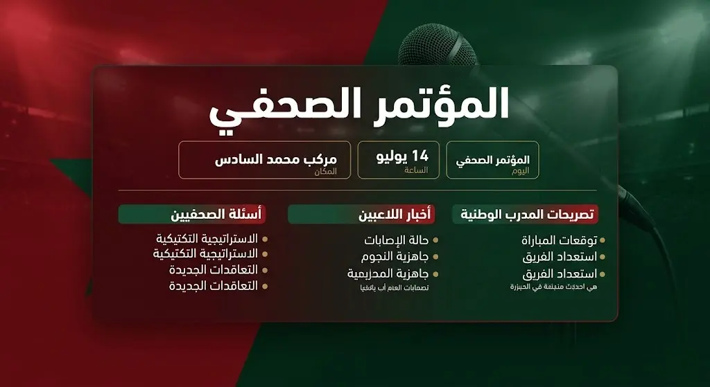 إنفوجرافيك رياضي يعرض تفاصيل وموعد المؤتمر الصحفي للناخب الوطني محمد وهبي في مركب محمد السادس