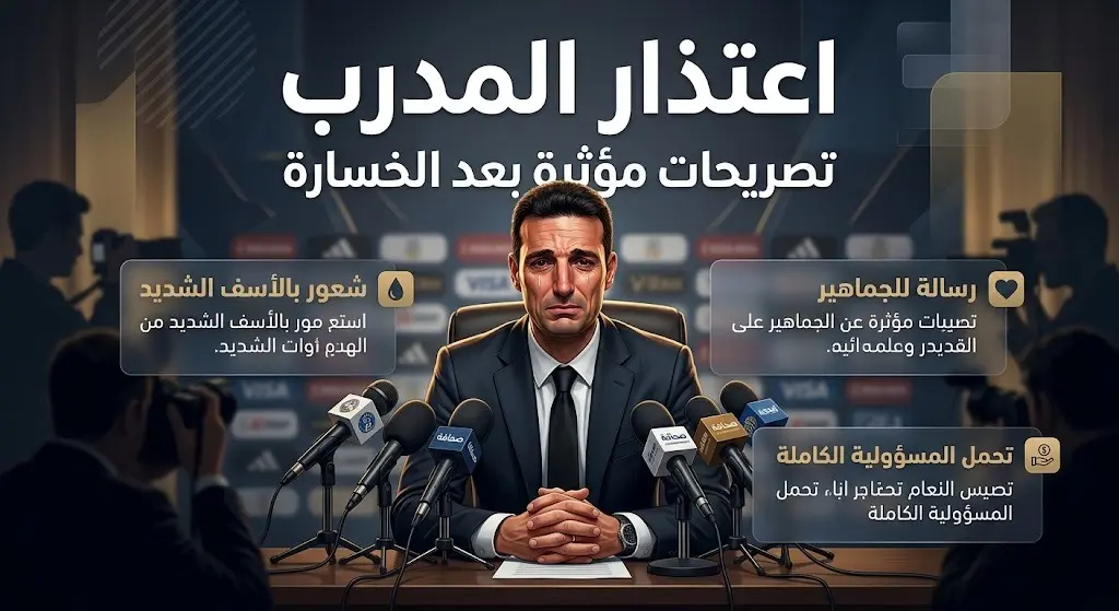 تصميم إعلامي يظهر تأثر وحزن المدرب ليونيل سكالوني خلال المؤتمر الصحفي وتقديمه الاعتذار للجماهير الأرجنتينية، مع نصوص عربية توضيحية.