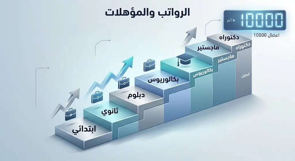تصميم بياني يوضح تفاصيل الرواتب التي تتراوح بين 4 آلاف و10 آلاف ريال وارتباطها التسلسلي بالمؤهلات العلمية المطلوبة.