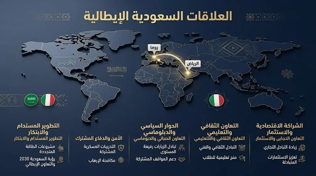 إنفوجرافيك تعبيري يبرز خطوط التواصل الدبلوماسي بين العاصمتين الرياض وروما مع تمثيل لوني رمزي لأعلام البلدين.