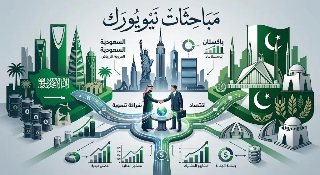 تصميم فني يدمج معالم الرياض وإسلام آباد ونيويورك لتمثيل المباحثات الثنائية بين السعودية وباكستان.