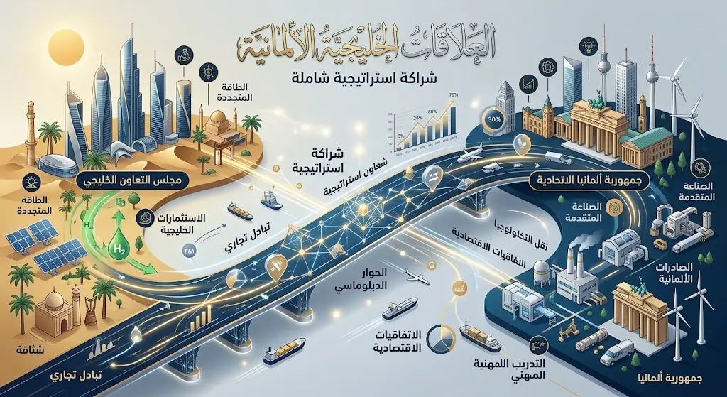 إنفوجرافيك إبداعي يجسد الشراكة الدبلوماسية والتعاون الثنائي بين مجلس التعاون الخليجي وجمهورية ألمانيا.