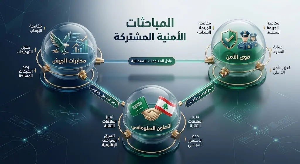 إنفوجرافيك احترافي يوضح مسارات المباحثات الدبلوماسية والأمنية بين السفير السعودي والقيادات الأمنية اللبنانية