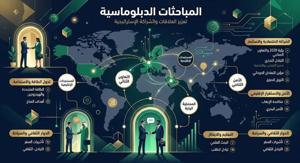 تصميم إنفوجرافيك يوضح مسارات التعاون الدبلوماسي بين المملكة العربية السعودية والاتحاد الأوروبي لمناقشة المستجدات الإقليمية.