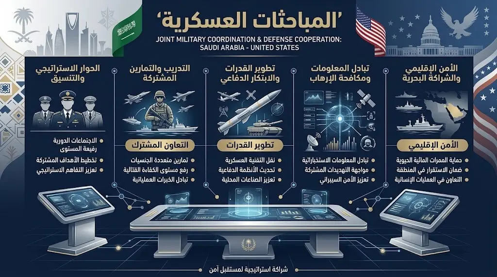 تصميم إنفوجرافيك احترافي يعرض تفاصيل التنسيق العسكري والمباحثات المشتركة بين السعودية والولايات المتحدة