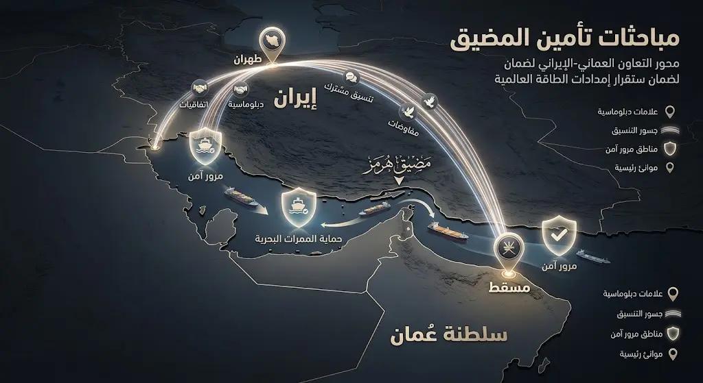 خريطة مفاهيمية ثلاثية الأبعاد تستعرض التنسيق الدبلوماسي بين سلطنة عُمان وإيران لضمان المرور الآمن للسفن عبر مضيق هرمز.