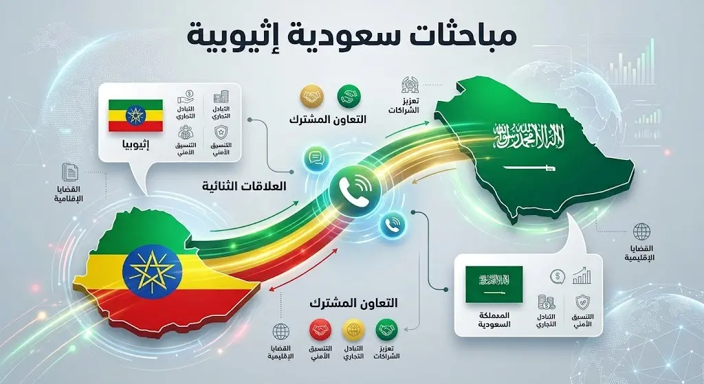 تصميم إنفوجرافيك يبرز تفاصيل الاتصال الهاتفي الدبلوماسي بين وزيري خارجية السعودية وإثيوبيا