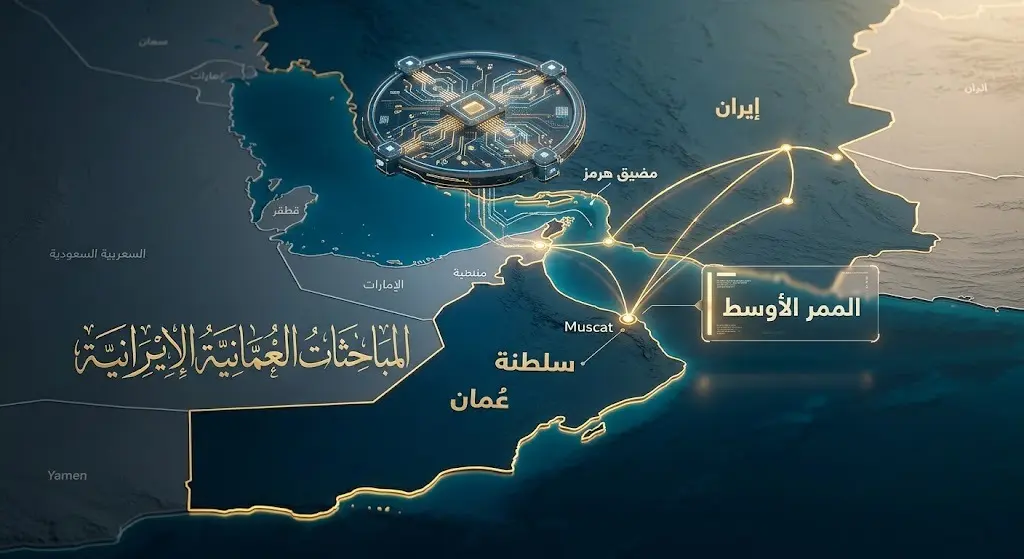 إنفوجرافيك ثلاثي الأبعاد يوضح خريطة مضيق هرمز والممر الأوسط مع إبراز خطوط المباحثات الدبلوماسية بين سلطنة عُمان وإيران