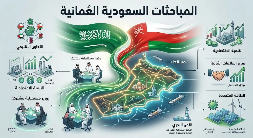 تصميم إنفوجرافيك يجمع بين علمي السعودية وسلطنة عمان مع إبراز العاصمة مسقط كمركز للمباحثات الإقليمية ومحاور التعاون.