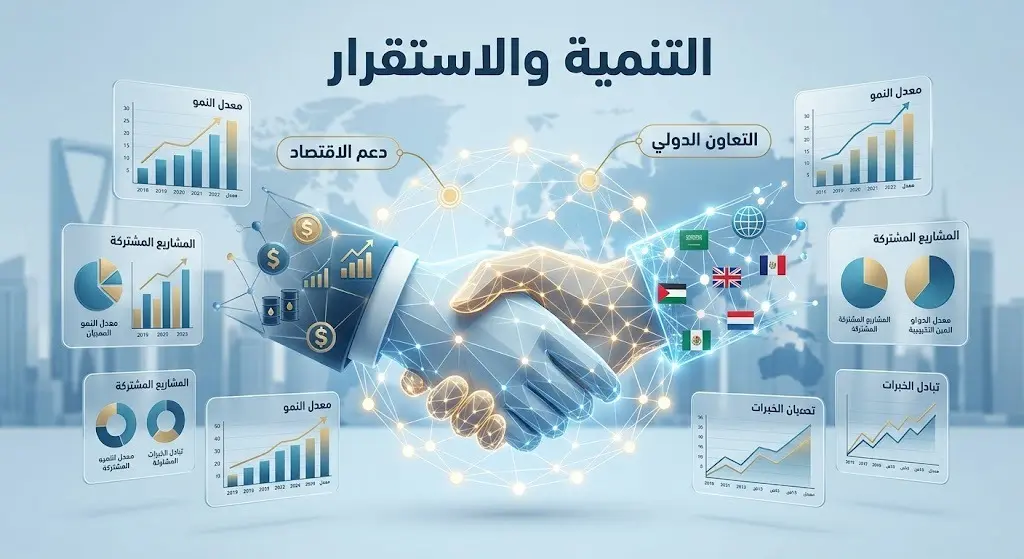 إنفوجرافيك تعبيري يجسد التعاون الدبلوماسي وانعكاساته الإيجابية على الاقتصاد والتنمية والاستقرار الإقليمي.