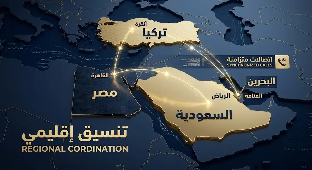 خريطة إنفوجرافيك ثلاثية الأبعاد توضح خطوط الاتصال الدبلوماسي بين السعودية ومصر والبحرين وتركيا.