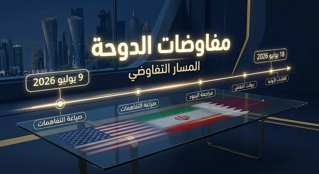 صورة إنفوجرافيك تعبيرية توضح مسار مفاوضات الدوحة بين واشنطن وطهران وتواريخ الجولات القادمة.